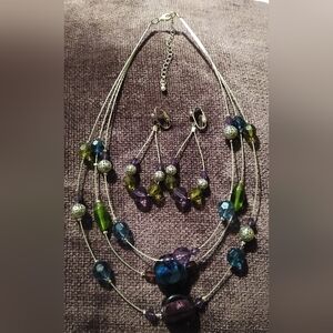 Three String Necklace With Matching Clip Earrings
